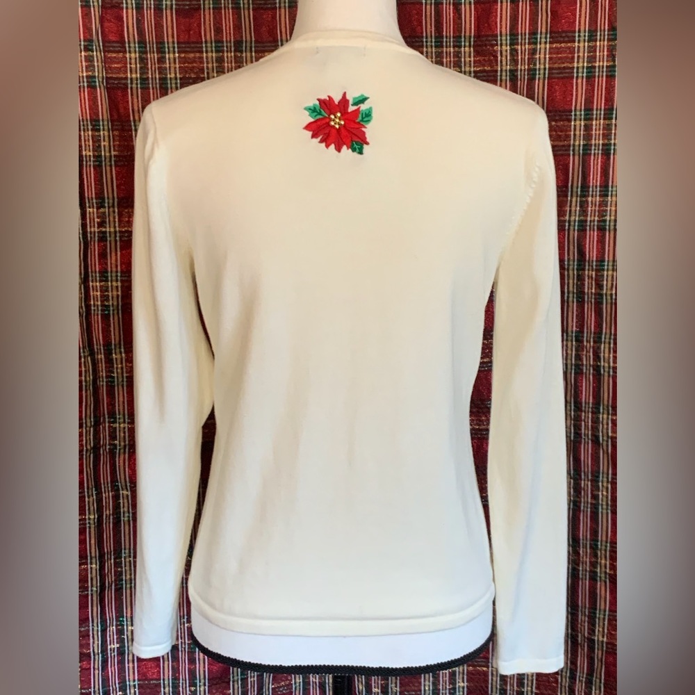 C B PETITE CAREER STITCHED & BEADED POINSETTIA CARDIGAN - PM - Picture 3 of 5